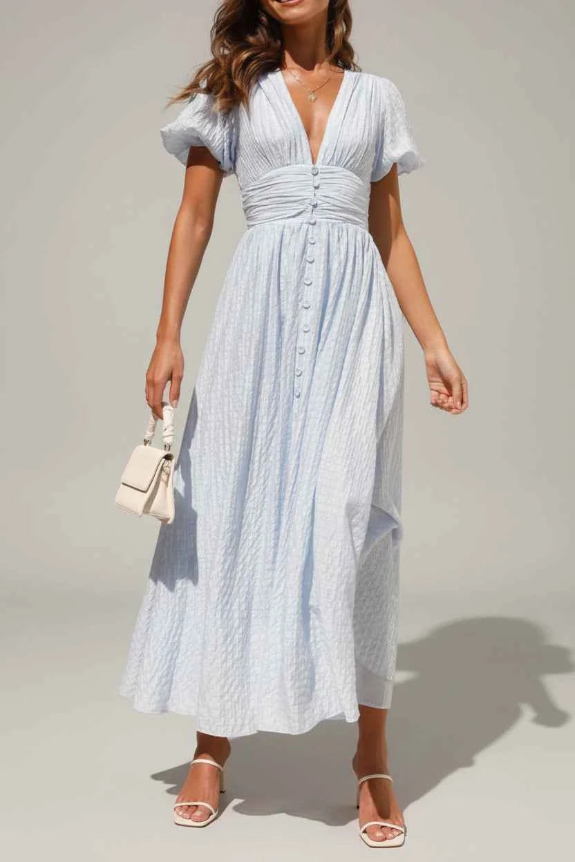 V-Neck Puff Short Sleeve Midi Dress - Effortless Elegance — view 4