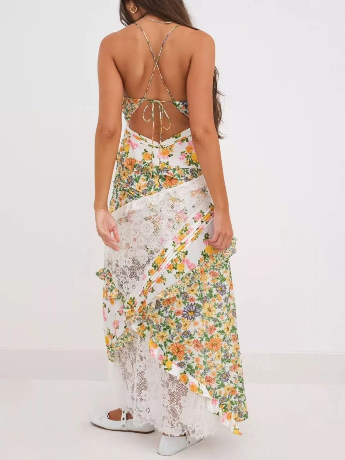 Lace Floral Print Ruffle Trim Maxi Dress — view 18