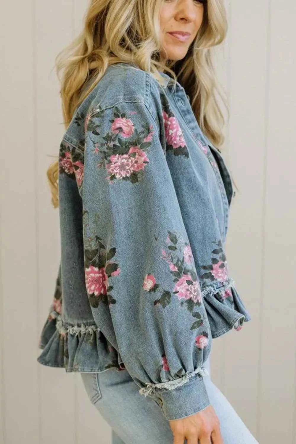 Floral Print Denim Jacket with Ruffled Hem — view 3
