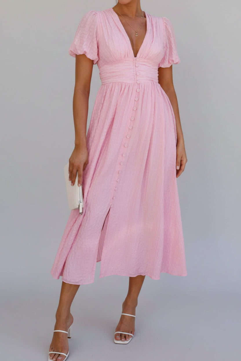V-Neck Puff Short Sleeve Midi Dress - Effortless Elegance — view 14