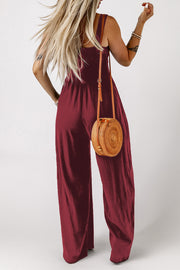 Smocked Square Neck Wide Leg Jumpsuit with Pockets — view 10