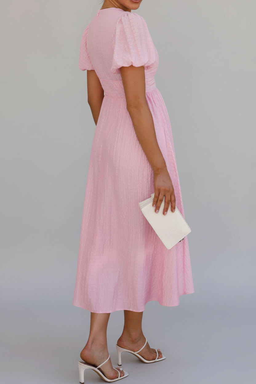 V-Neck Puff Short Sleeve Midi Dress - Effortless Elegance — view 15