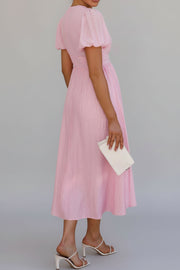 V-Neck Puff Short Sleeve Midi Dress - Effortless Elegance — view 15