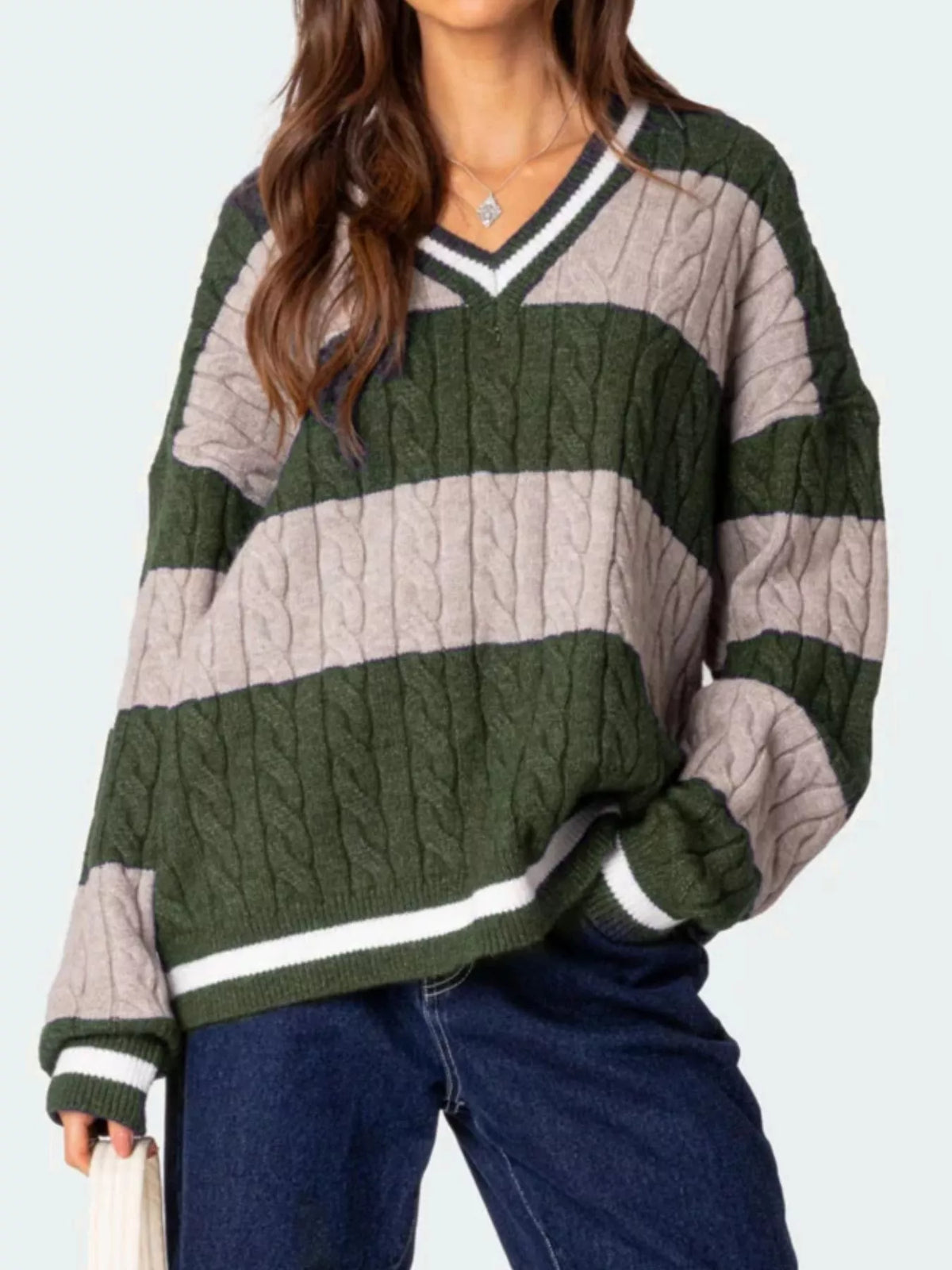 Striped Cable Knit V-Neck Sweater — view 18