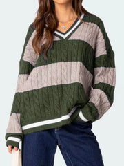 Striped Cable Knit V-Neck Sweater — view 18