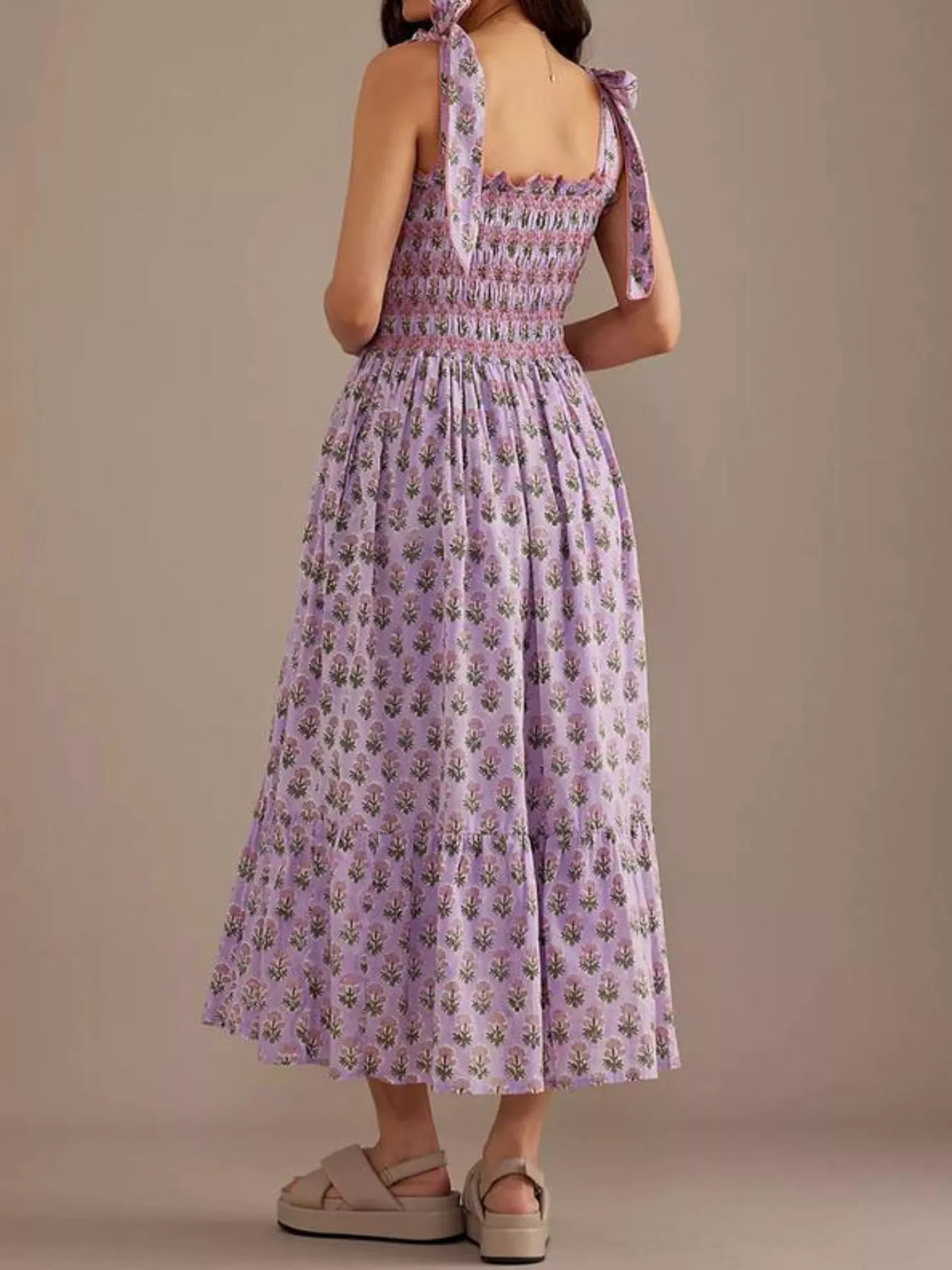 Floral Smocked Tie-Shoulder Midi Dress — view 7