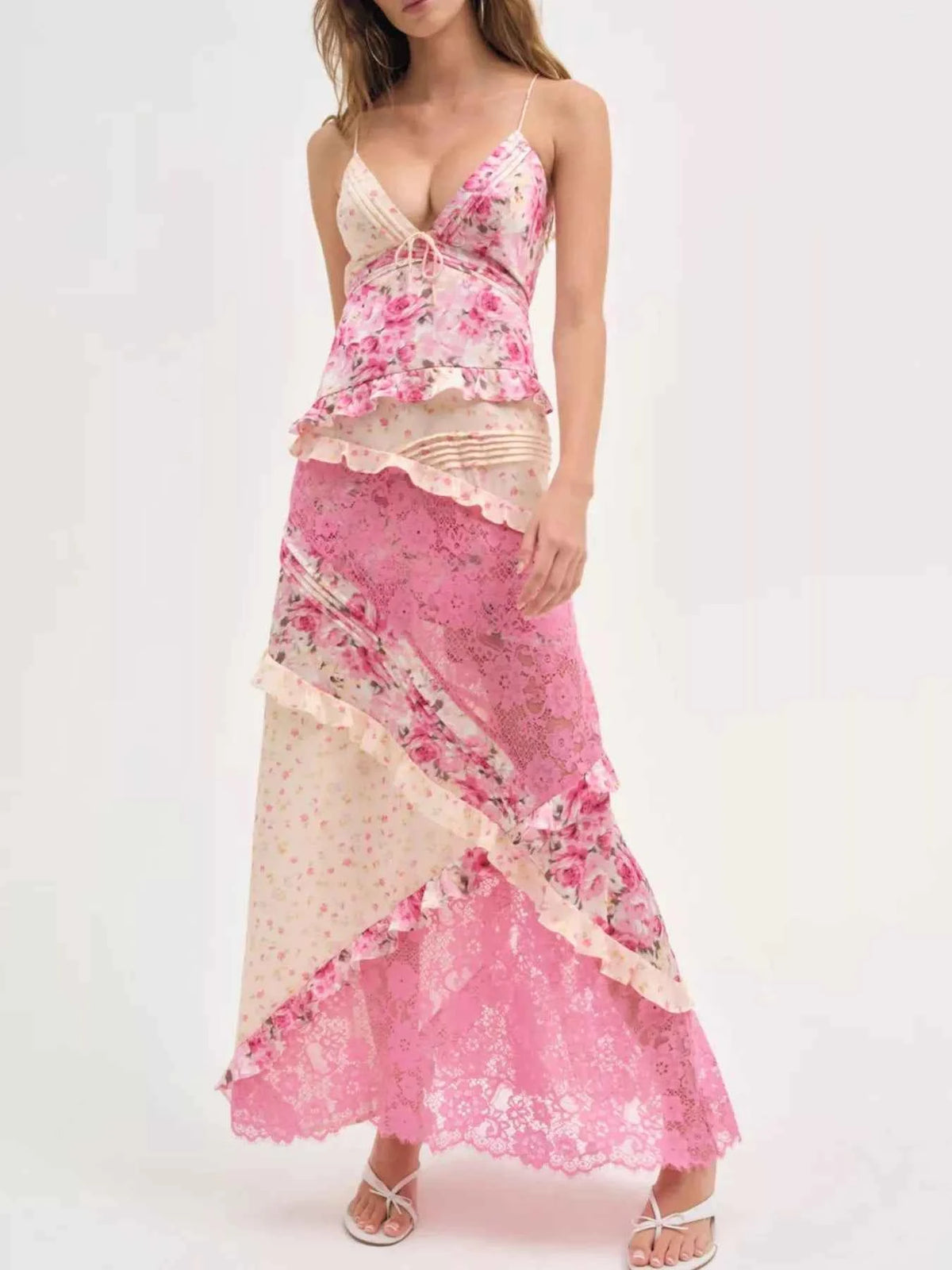 Lace Floral Print Ruffle Trim Maxi Dress — view 2