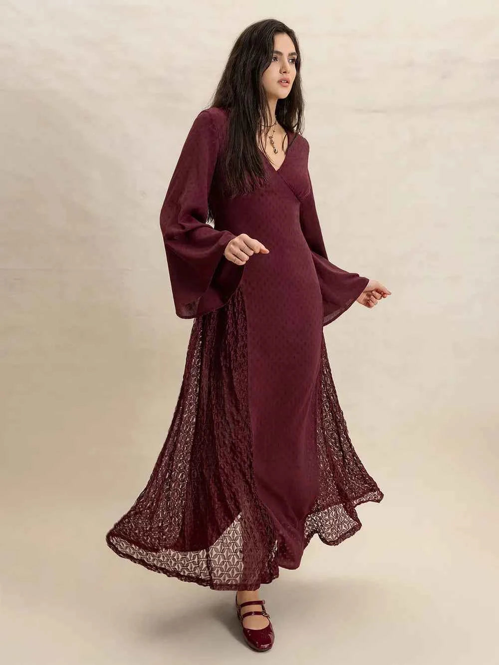 Lace Patchwork V-Neck Long Sleeve Midi Dress — view 1