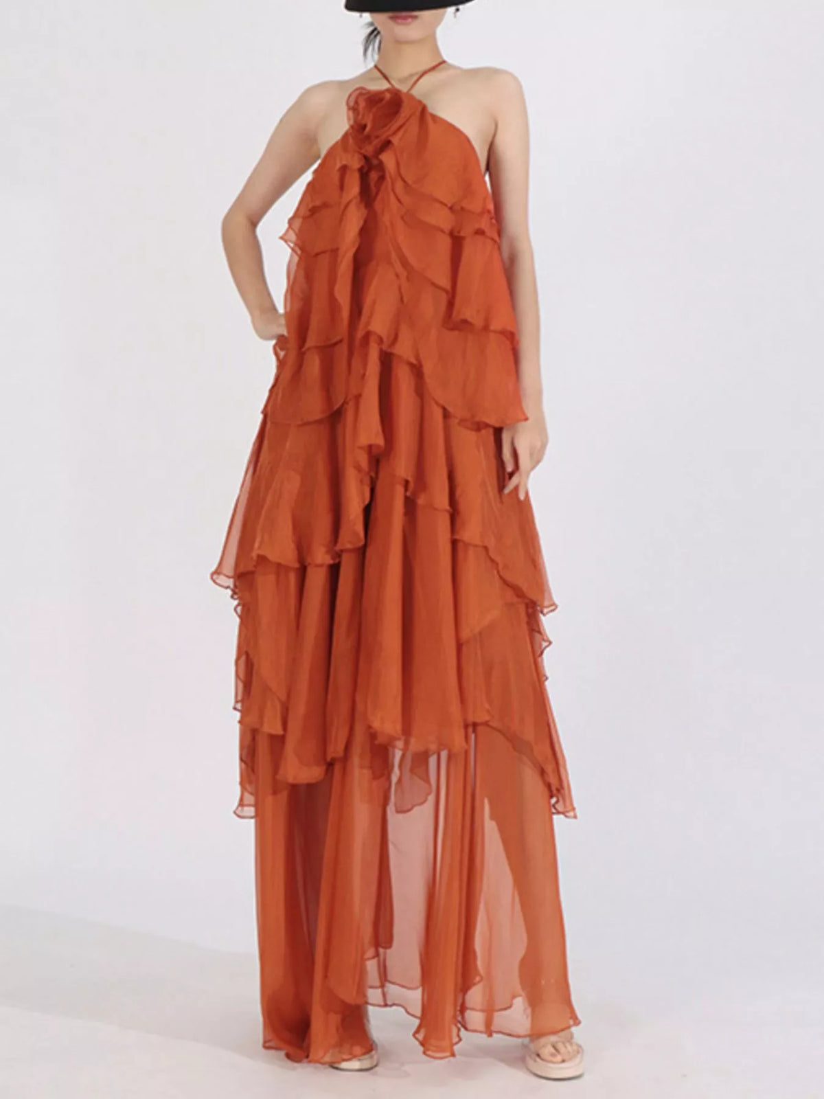 Ruffled Chiffon Halter Neck Maxi Dress — view 7