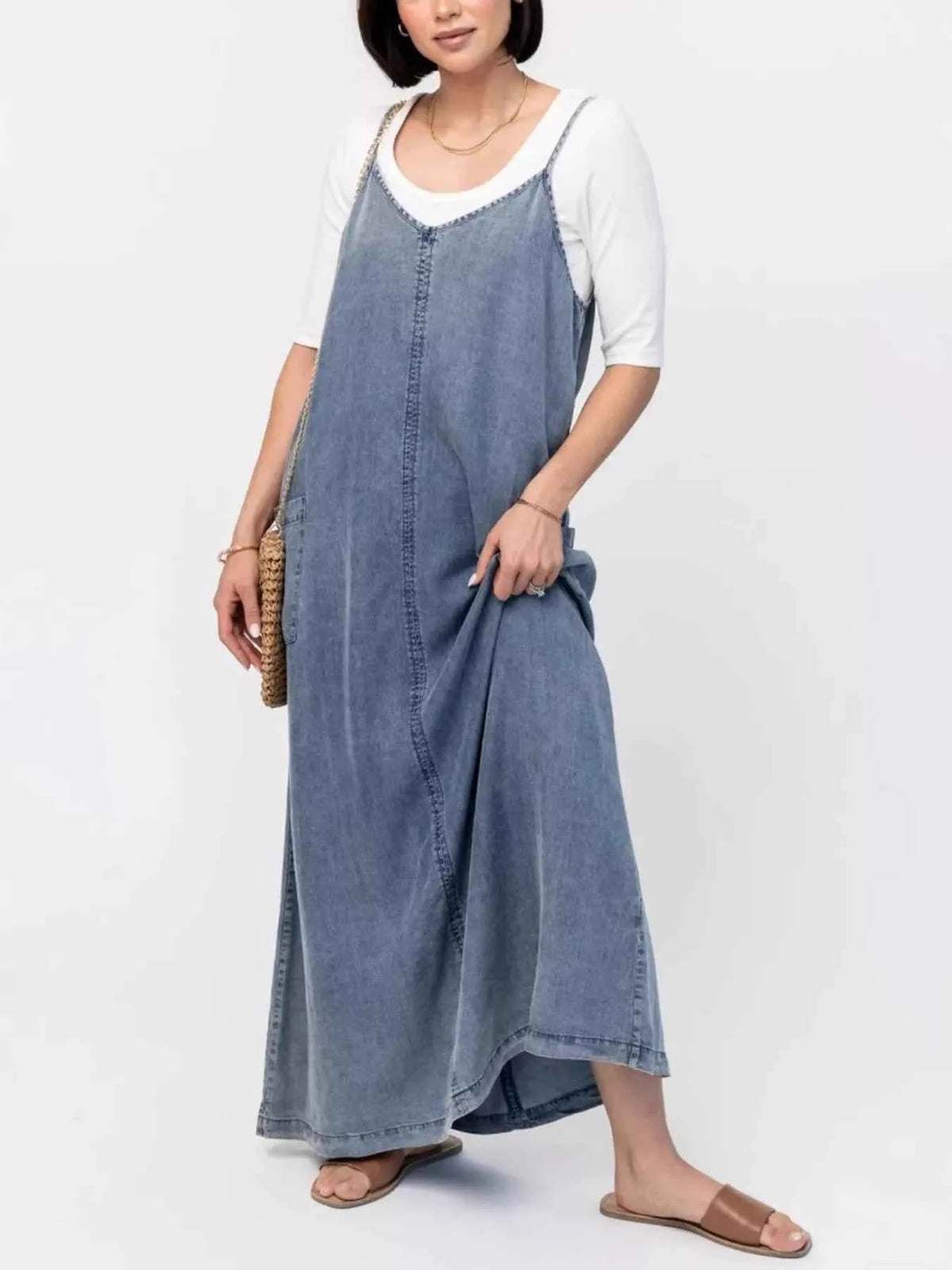 Casual Washed Denim Cami Maxi Dress