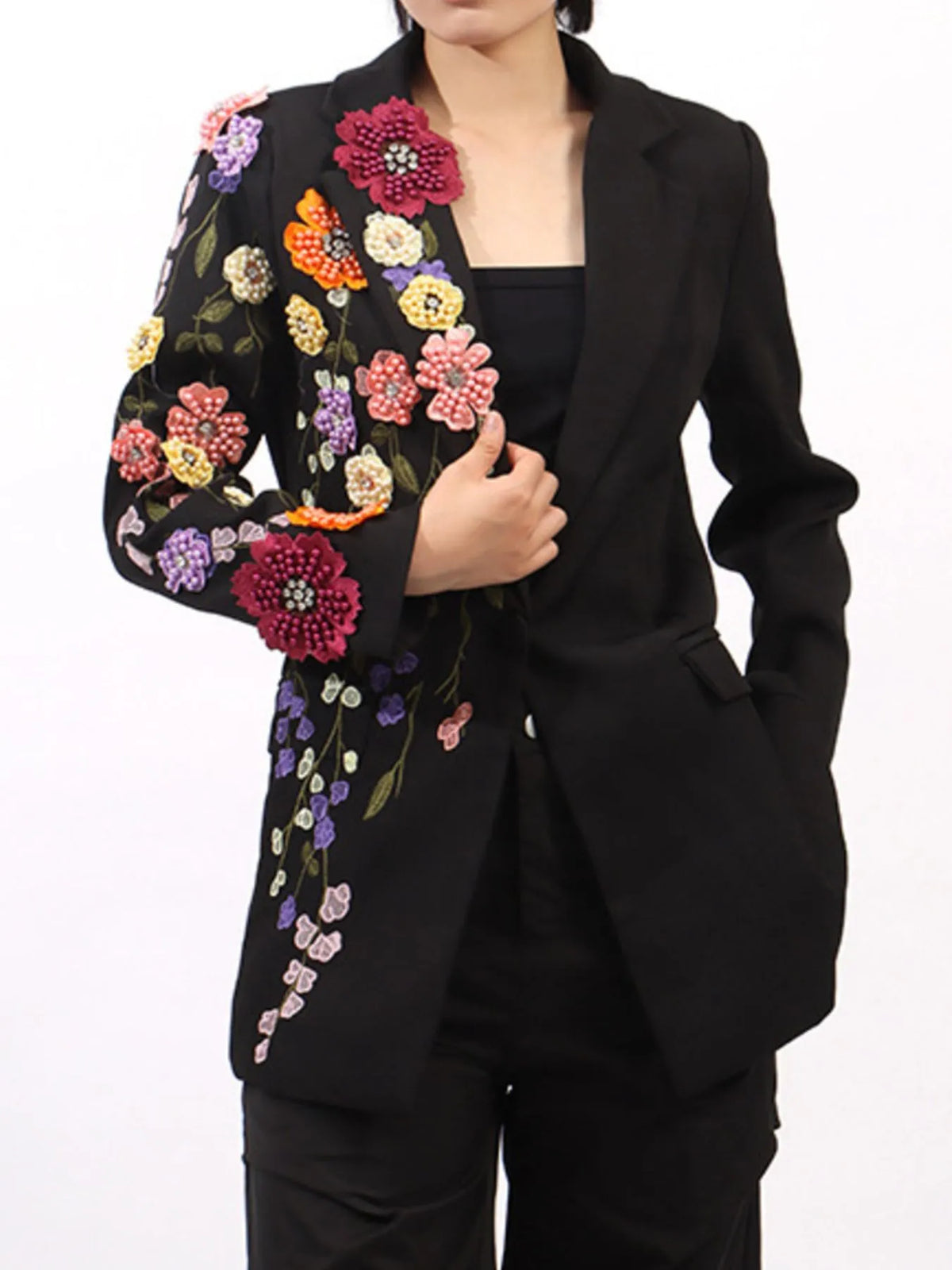 Pearl Detail Flower Lapel Collar Blazer — view 9