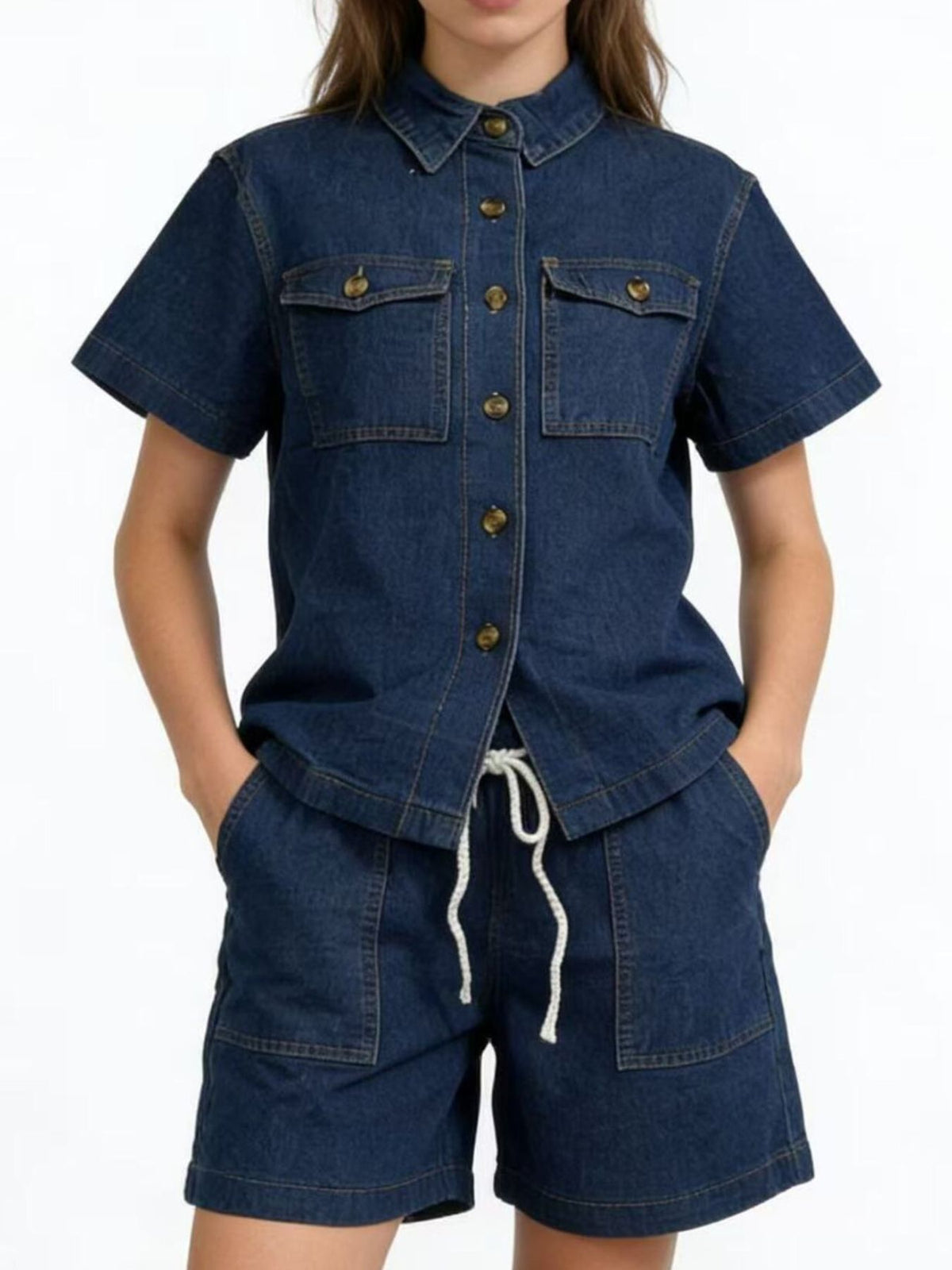 Button Up Short Sleeve Top and Shorts Denim Set — view 9