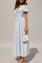 V-Neck Puff Short Sleeve Midi Dress - Effortless Elegance — view 3