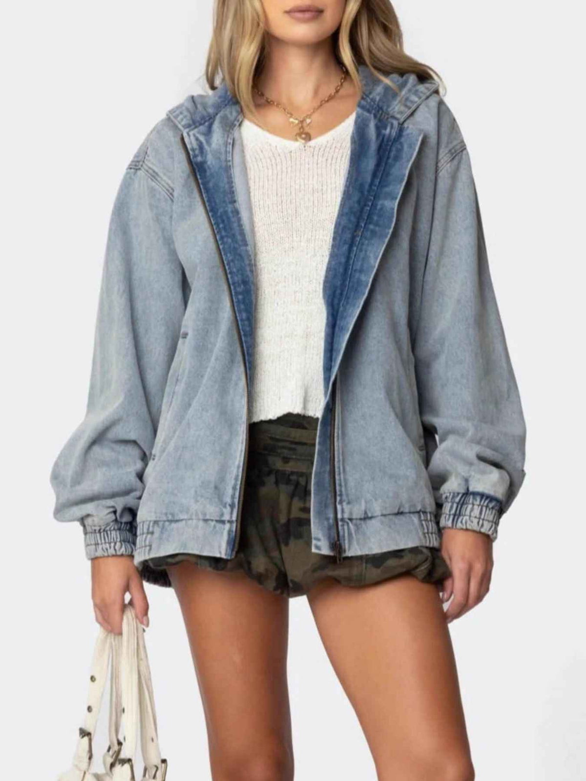 Hooded Oversized Zip Up Denim Jacket — view 4