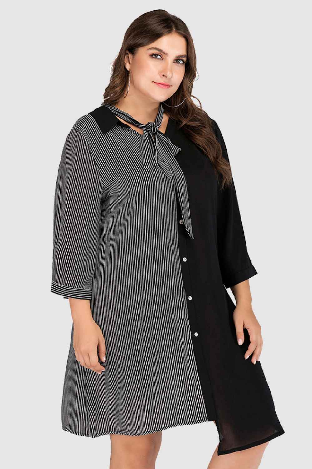Striped Color Block Tie-Neck Dress — view 3