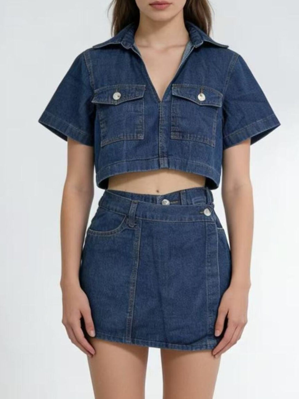 Short Sleeve Cropped Top and Skort Denim Set – Effortless Style — view 8