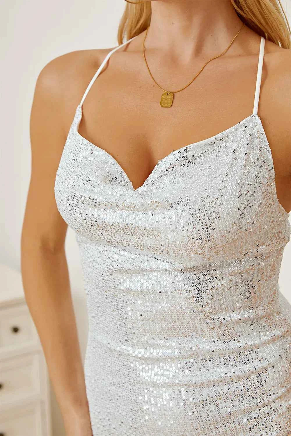 Sequin Spaghetti Strap Mini Wrap Dress — view 5