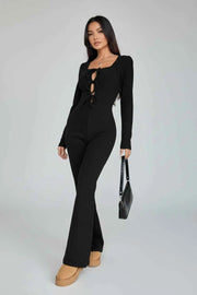 Tie Front Long Sleeve Flare Jumpsuit — view 5