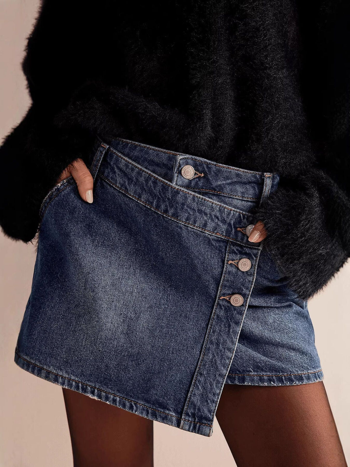 Asymmetrical Button-Front Denim Skirt — view 14