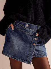 Asymmetrical Button-Front Denim Skirt — view 14