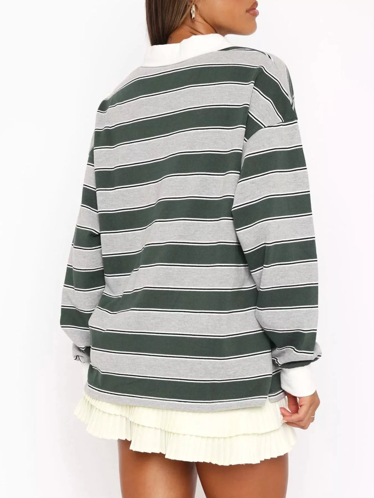 Striped Button Detail Long Sleeve Polo — view 9