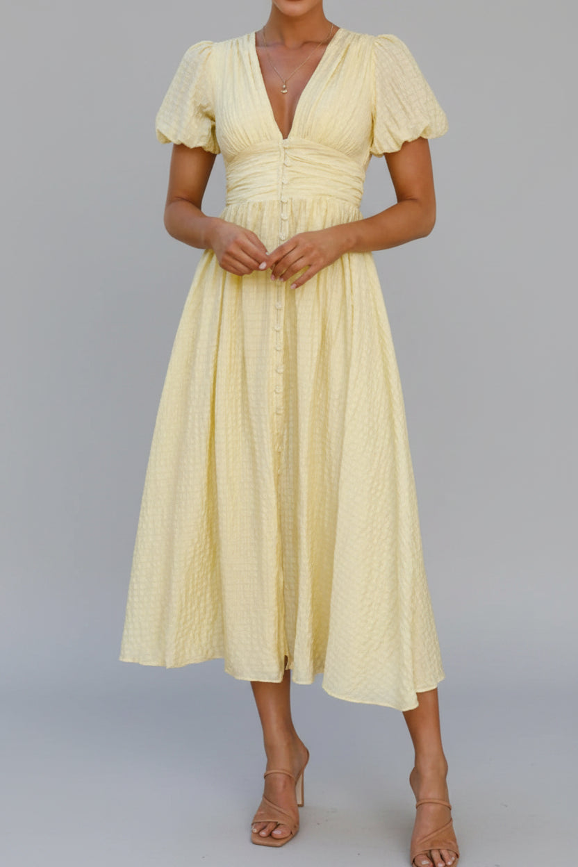 V-Neck Puff Short Sleeve Midi Dress - Effortless Elegance — view 10