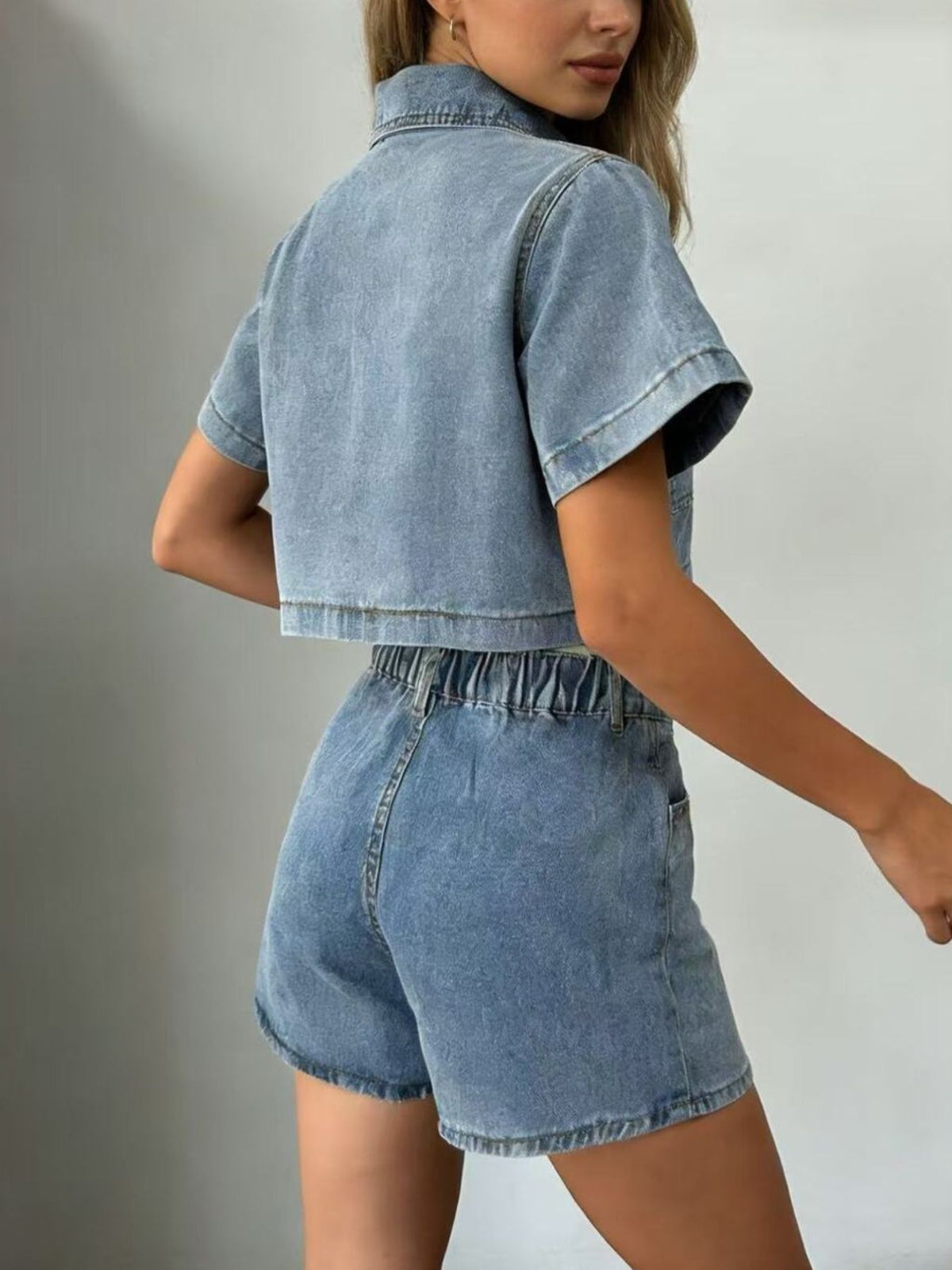 Short Sleeve Cropped Top and Skort Denim Set – Effortless Style — view 6