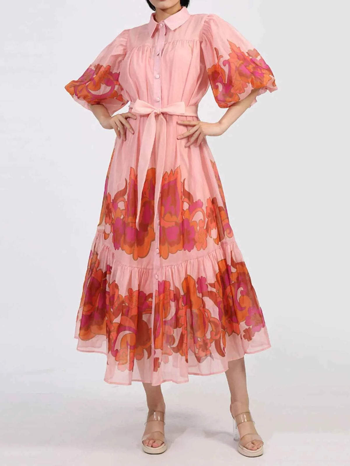 Button Front Puff Sleeve Dress