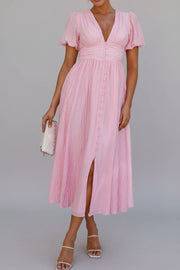 V-Neck Puff Short Sleeve Midi Dress - Effortless Elegance — view 18