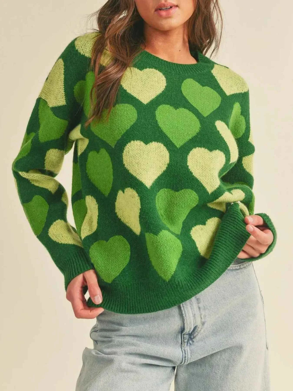Heart Ribbed Hem Long Sleeve Sweater — view 1