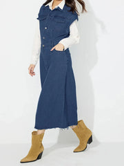 Slit Half Button Collared Neck Cap Sleeve Denim Dress — view 8