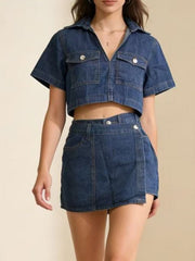 Short Sleeve Cropped Top and Skort Denim Set – Effortless Style — view 9
