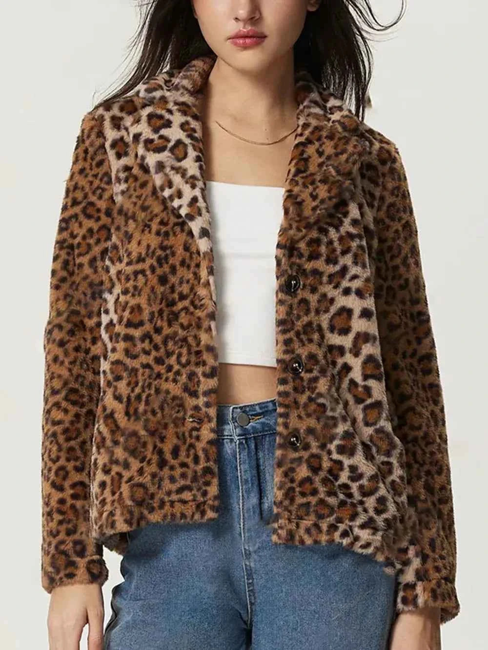 Fuzzy Leopard Collared Neck Jacket - Stylish & Cozy — view 1