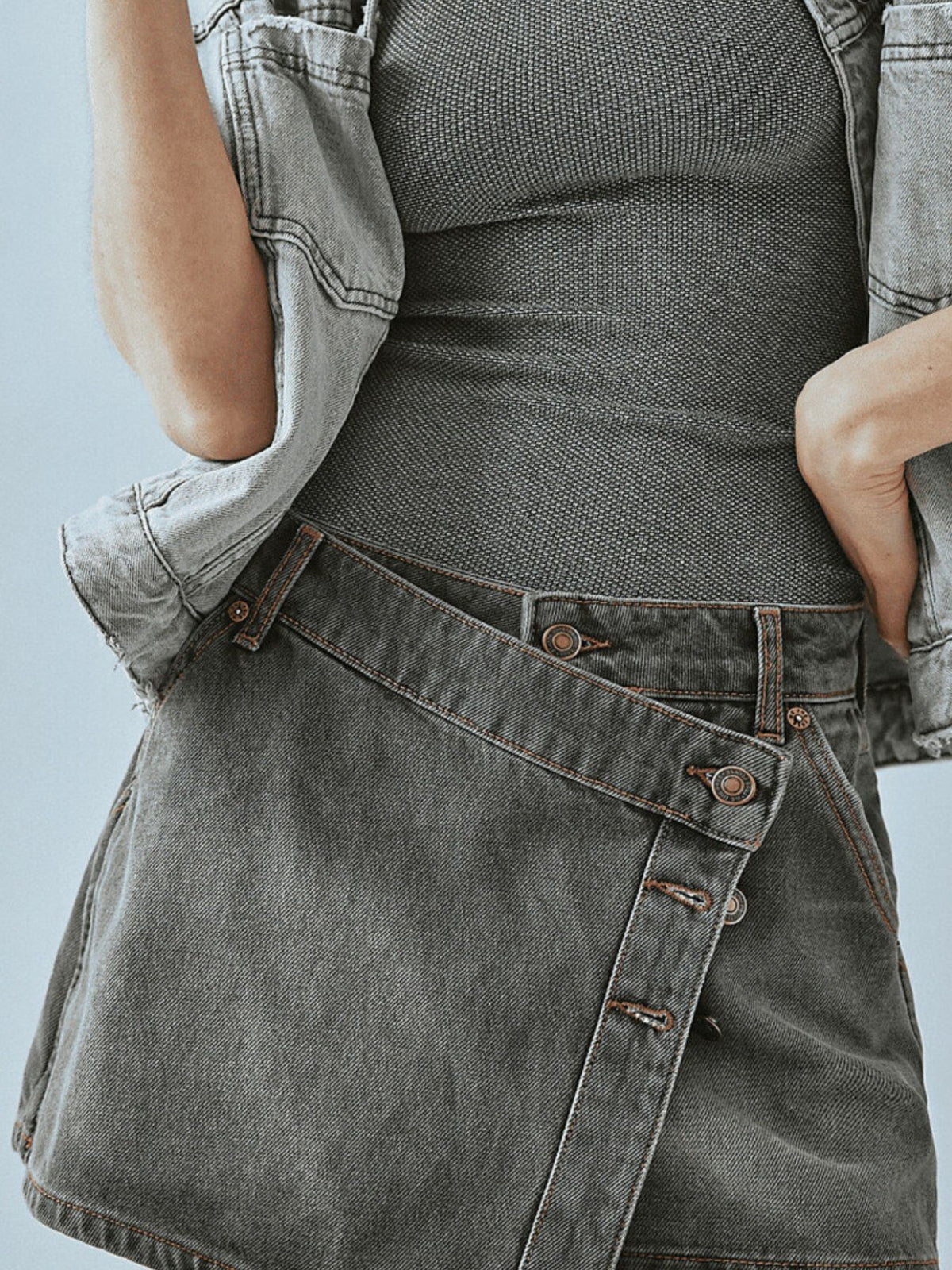 Asymmetrical Button-Front Denim Skirt — view 10