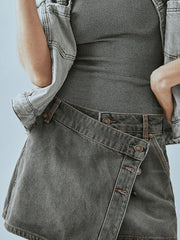 Asymmetrical Button-Front Denim Skirt — view 10