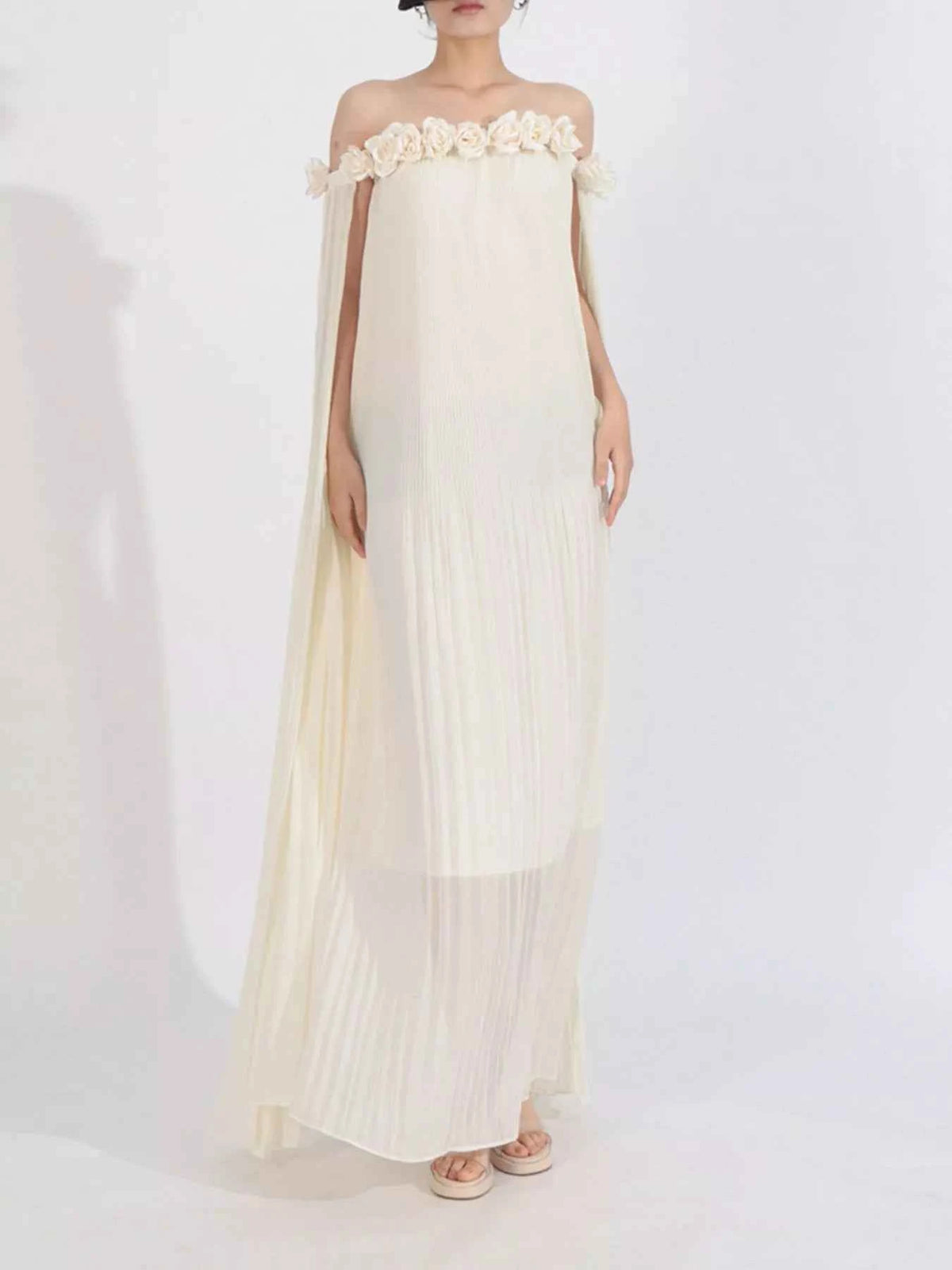 Off-Shoulder Floral Pleated Maxi Dress
