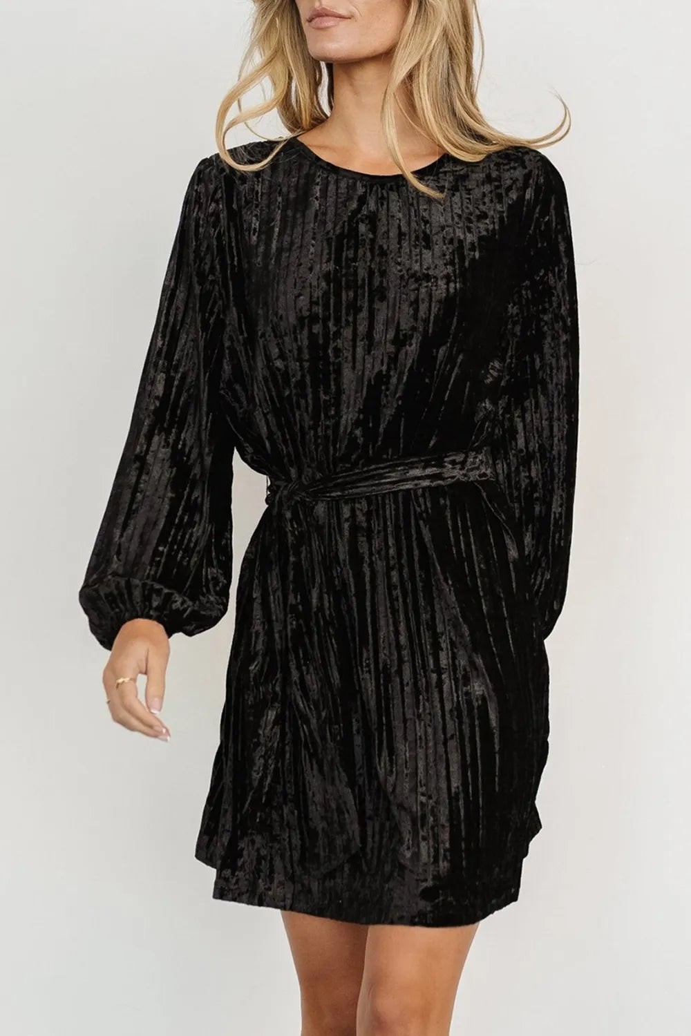 Velvet Round Neck Tie Waist Long Sleeve Mini Dress — view 14