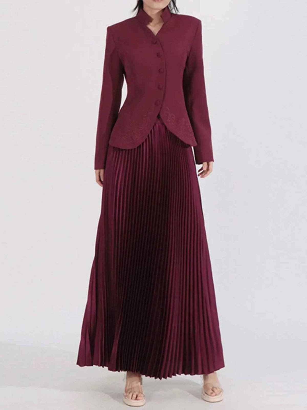 Button Up Long Sleeve Top and Pleated Skirt Set