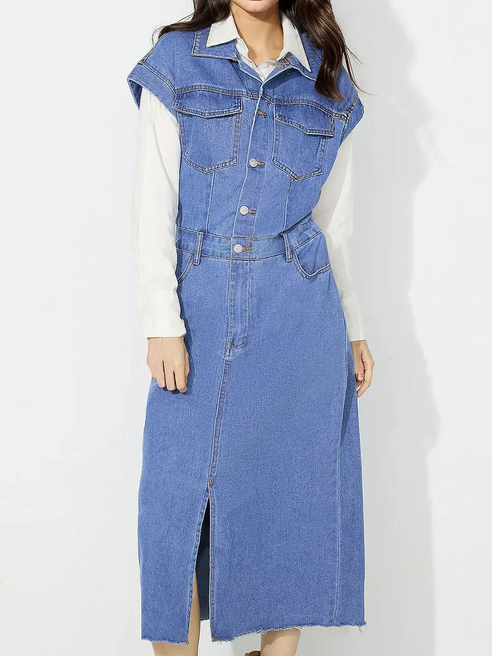 Slit Half Button Collared Neck Cap Sleeve Denim Dress — view 11