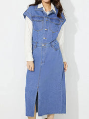 Slit Half Button Collared Neck Cap Sleeve Denim Dress — view 11