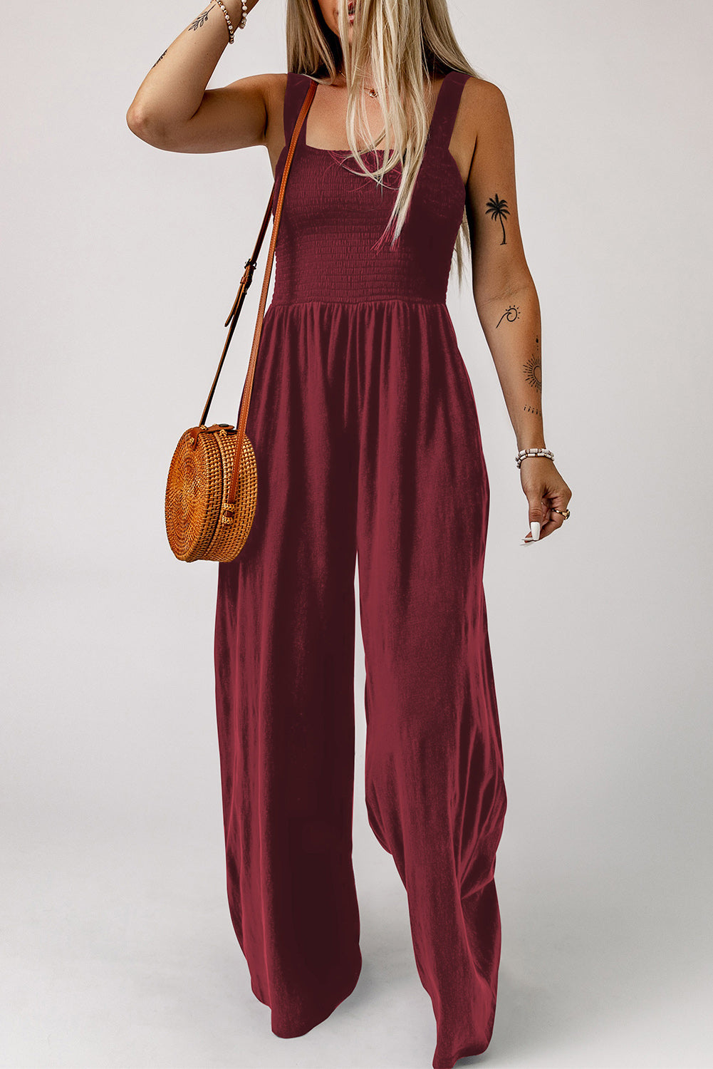 Smocked Square Neck Wide Leg Jumpsuit with Pockets — view 9