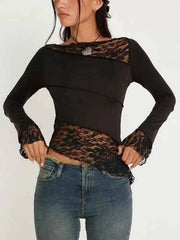 Asymmetrical Lace Trim Long Sleeve T-Shirt — view 1