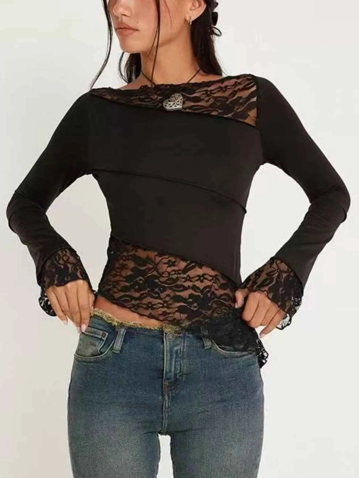 Asymmetrical Lace Trim Long Sleeve T-Shirt