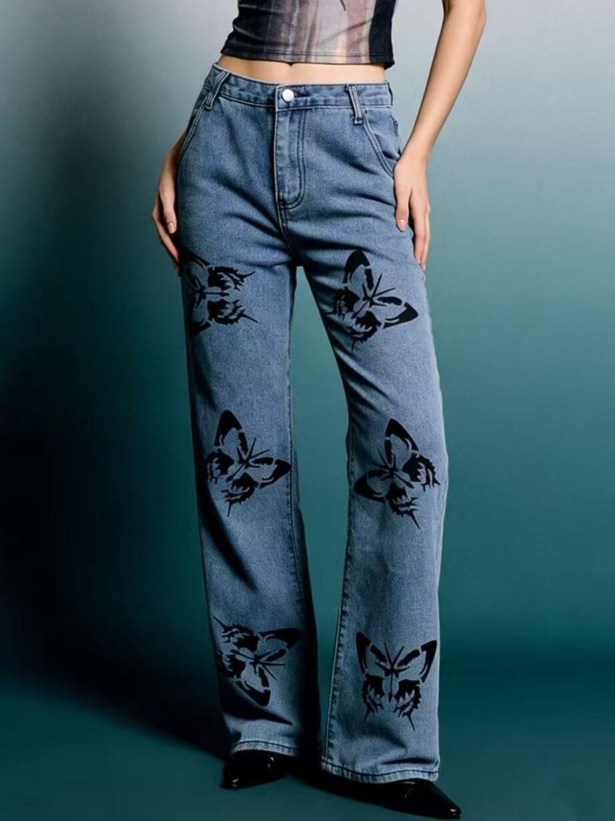 Butterfly Print High-Waisted Wide Leg Jeans — view 7