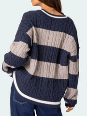 Striped Cable Knit V-Neck Sweater — view 8