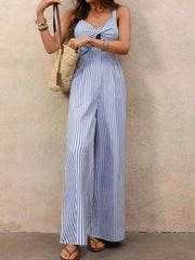Striped Cutout Knot Front Wide Leg Jumpsuit — view 4