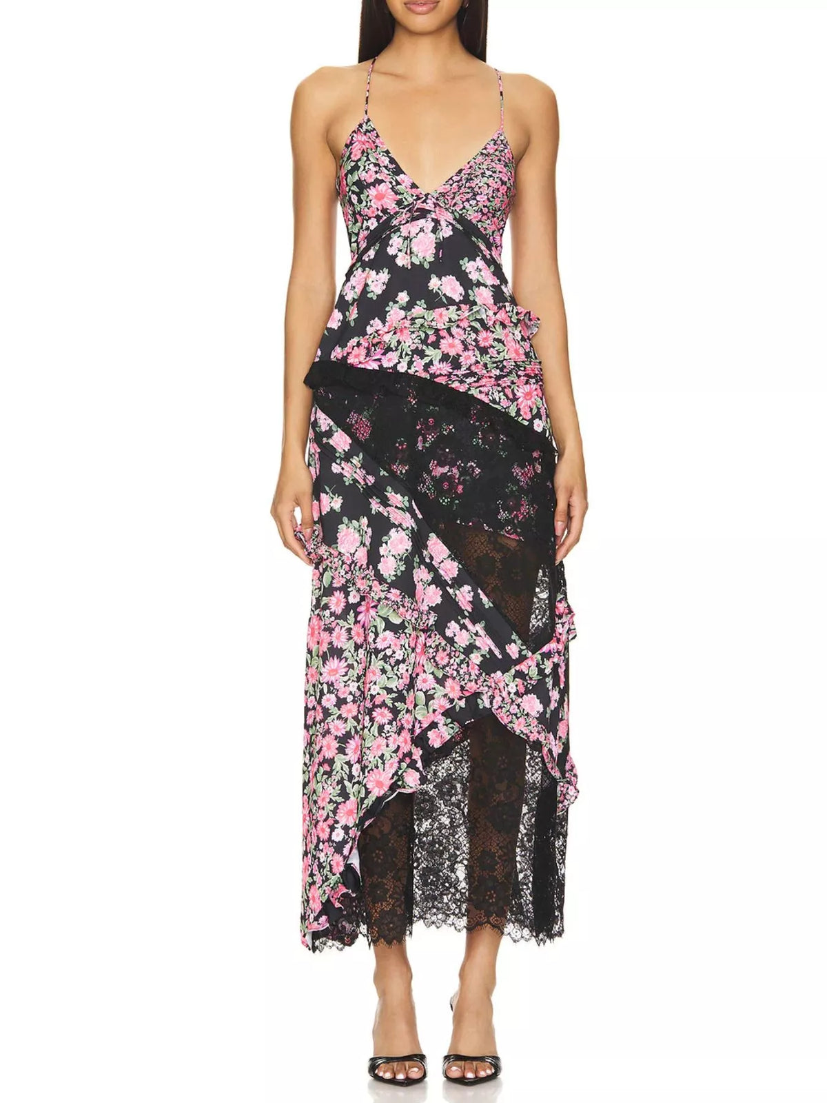 Lace Floral Print Ruffle Trim Maxi Dress — view 20