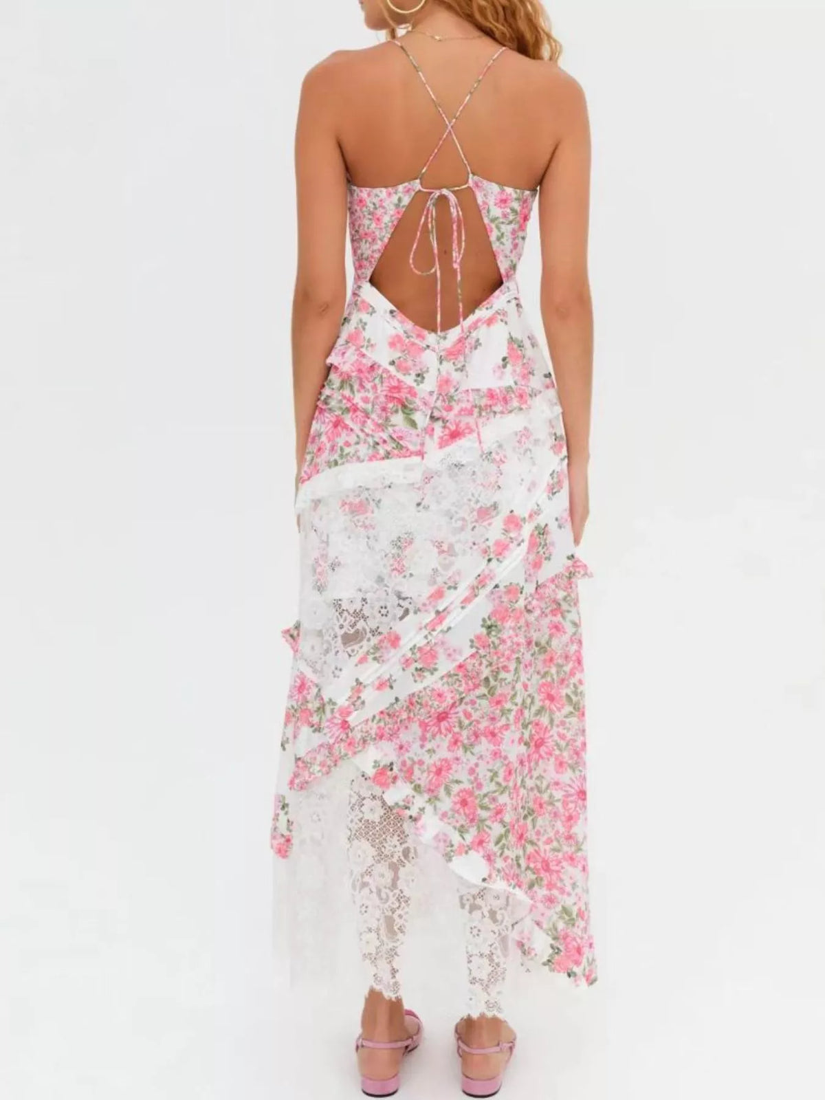 Lace Floral Print Ruffle Trim Maxi Dress — view 13