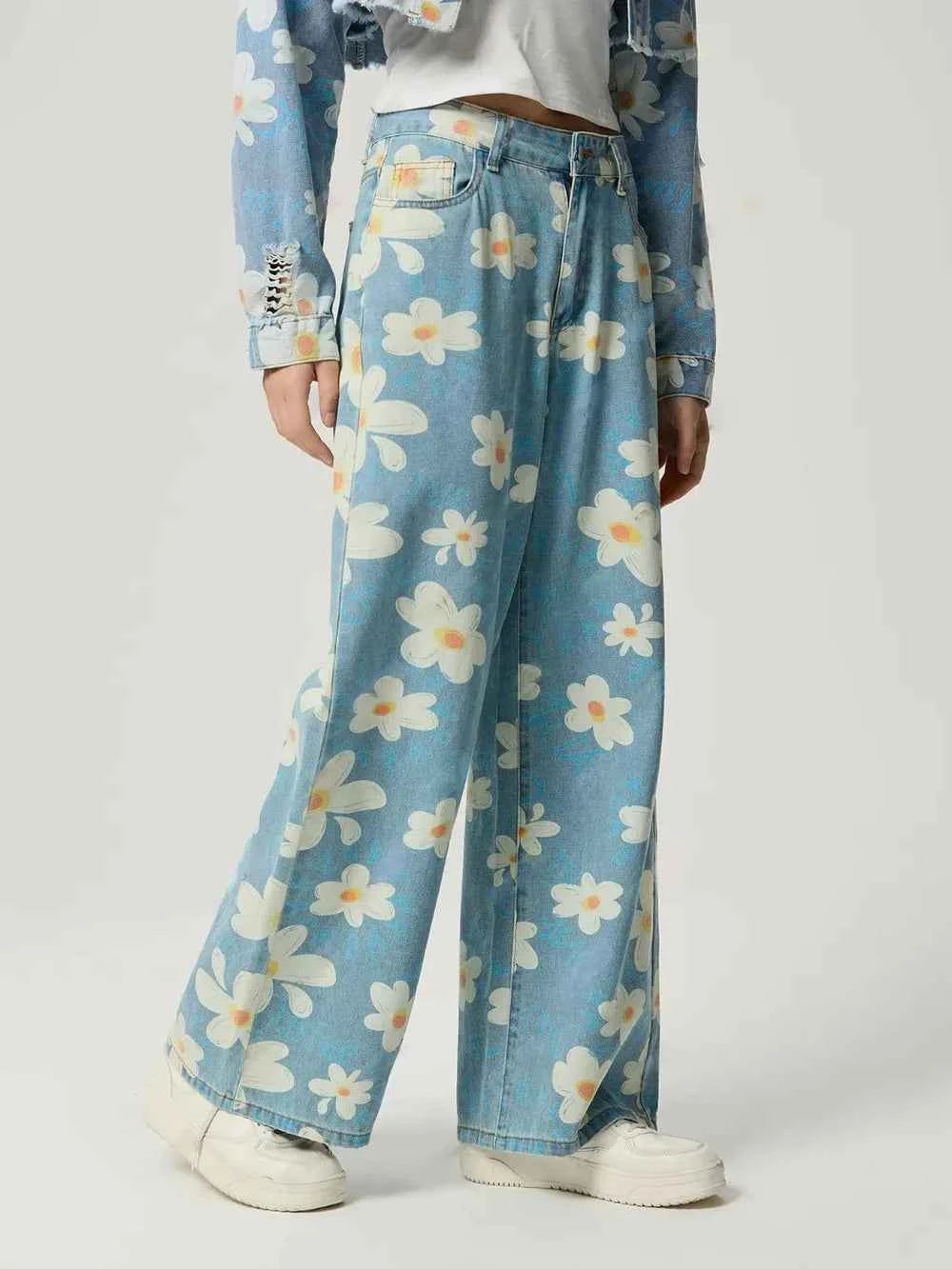 Pocketed Floral Wide Leg Jeans — view 5