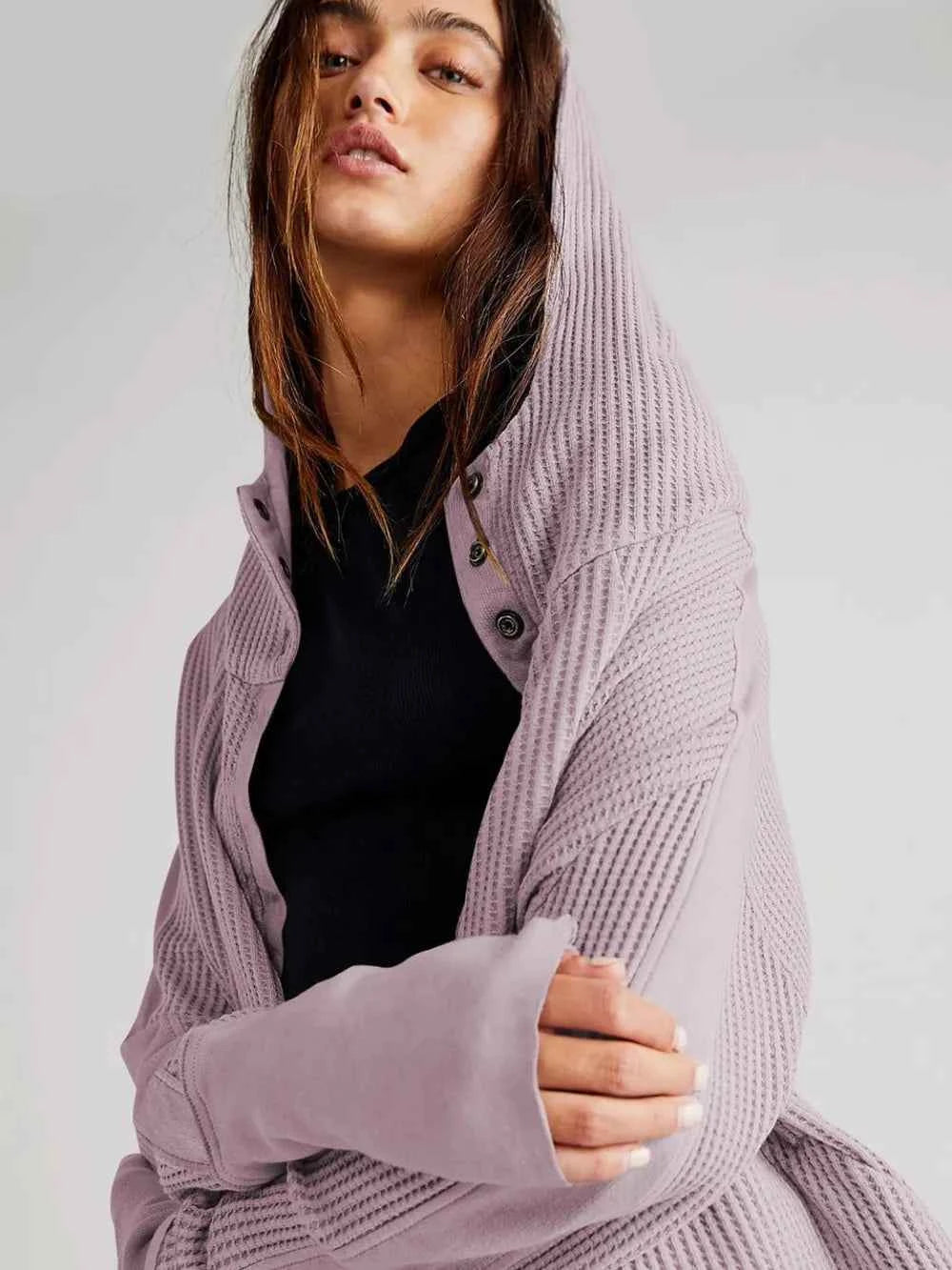 Waffle-Knit Dropped Shoulder Hooded Jacket - Ultimate Comfort Wear — view 2